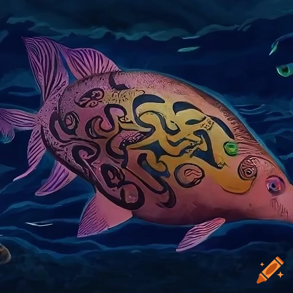 Underwater panorama with waterfowl, fish, and aquatic plants in Celtic and Salish designs