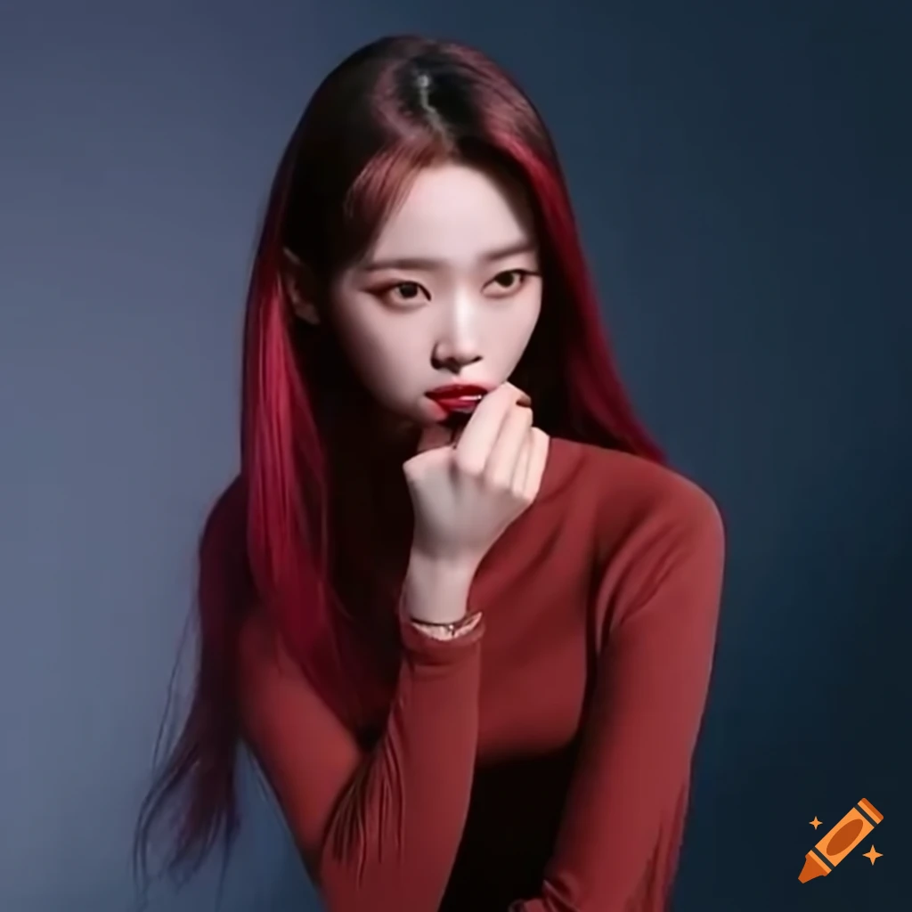 Korean girl singer recording in a studio with cherry-colored hair