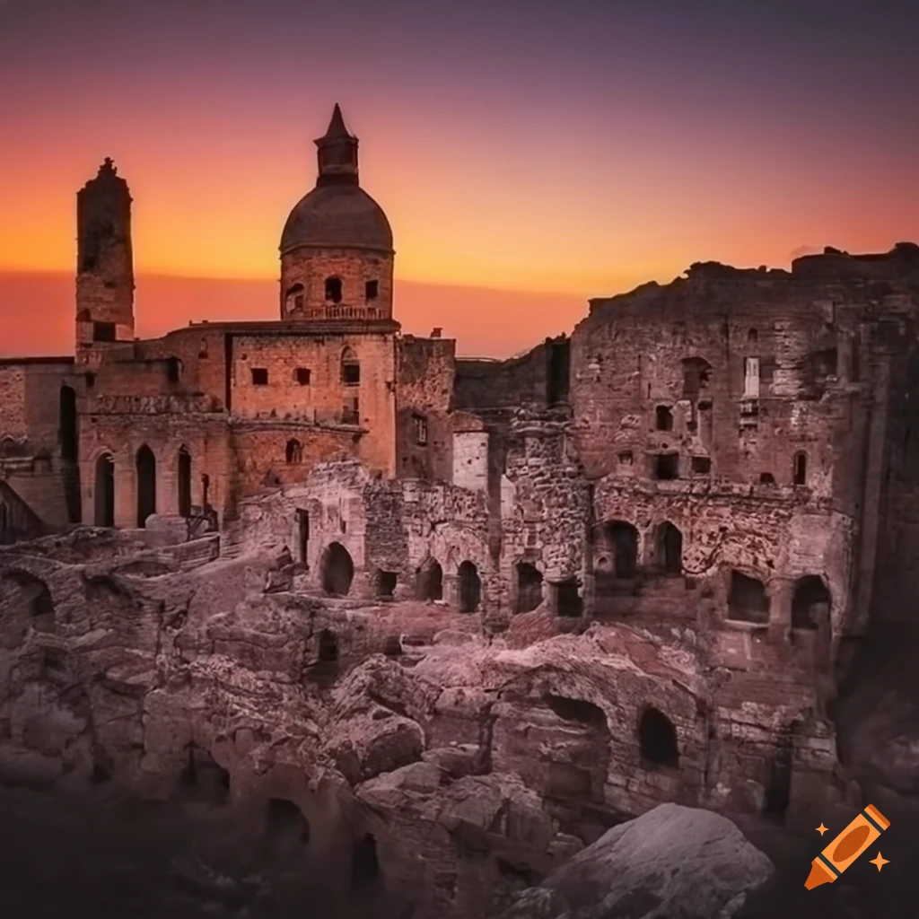 Sunsets casting warm glow on ancient ruins in Italy