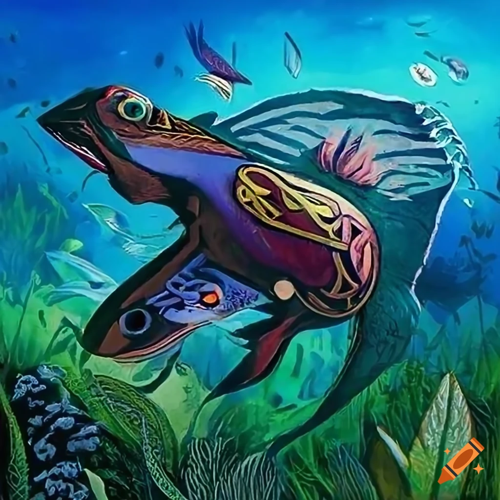Underwater panorama with waterfowl, fish, and aquatic plants in Celtic and Salish designs