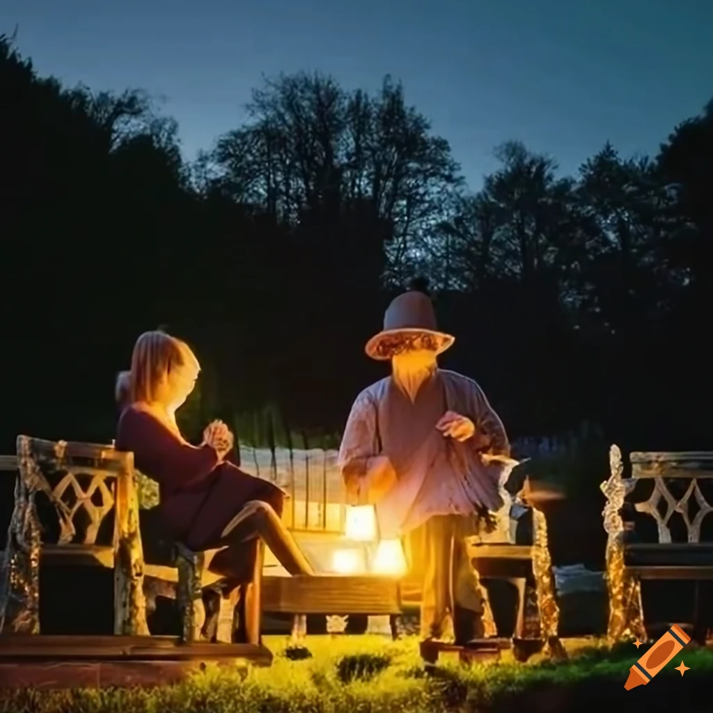 Quiet evening in a beautifully lit garden with person sitting under ...