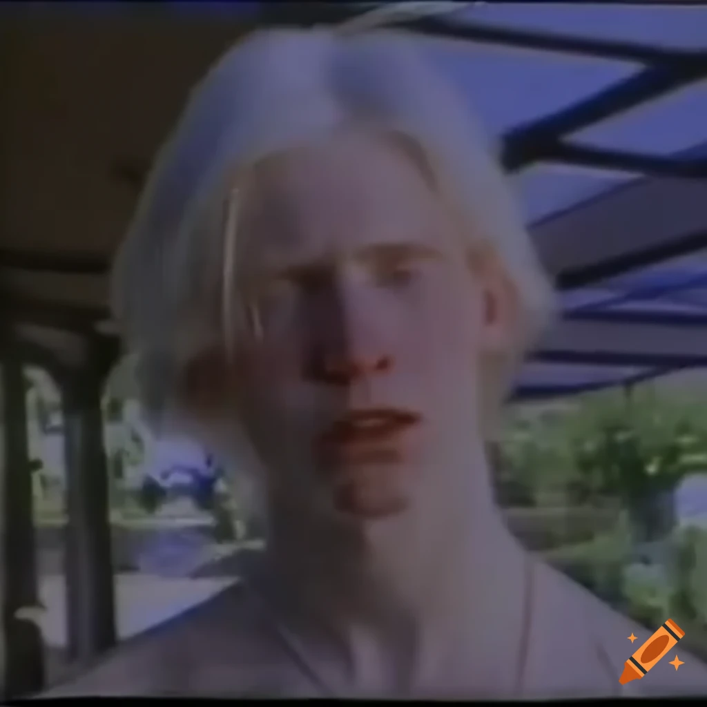 90s VHS screencap of an alternative shy man with unique appearance
