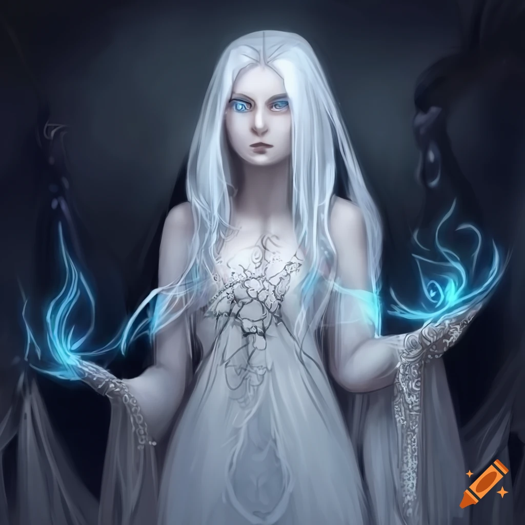 Death Sorcerer with white hair and dress in an enchanted land