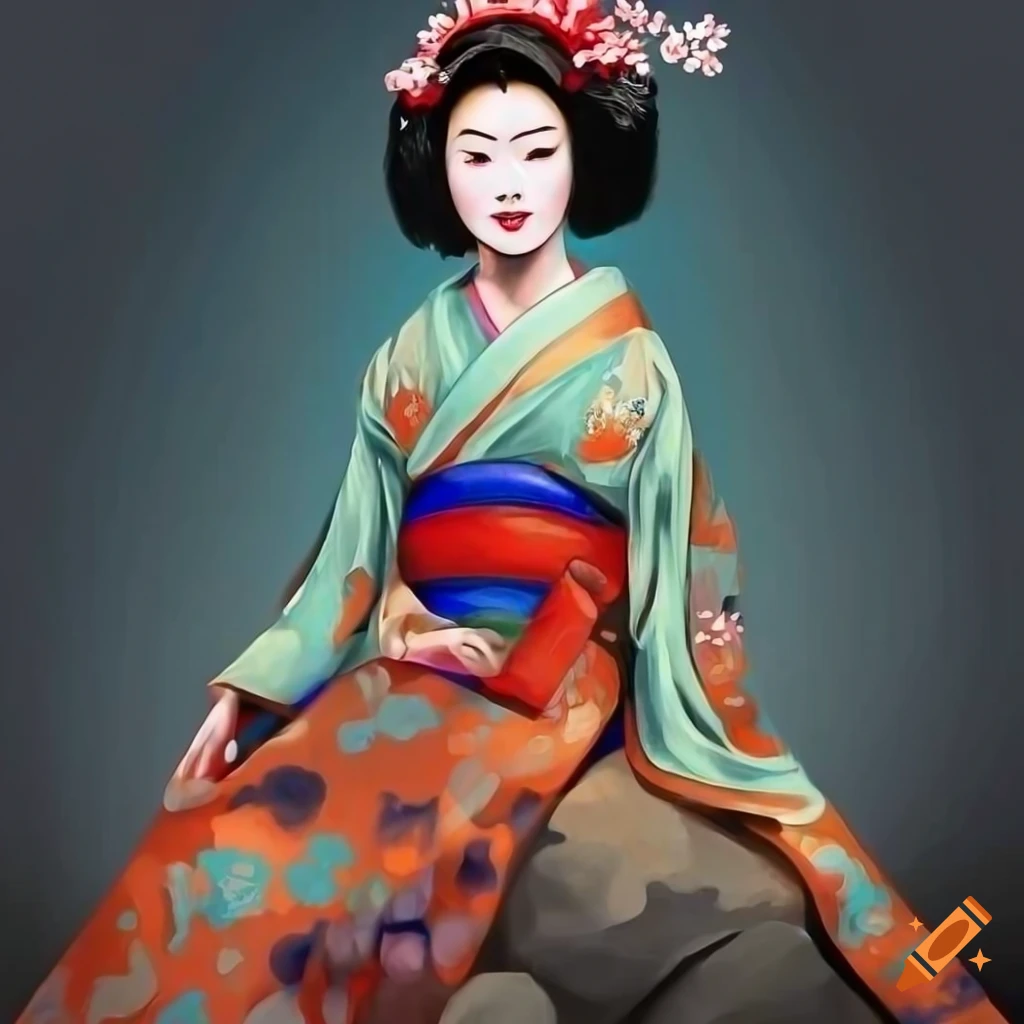 Traditional Asian geisha in colorful attire seated on a stone