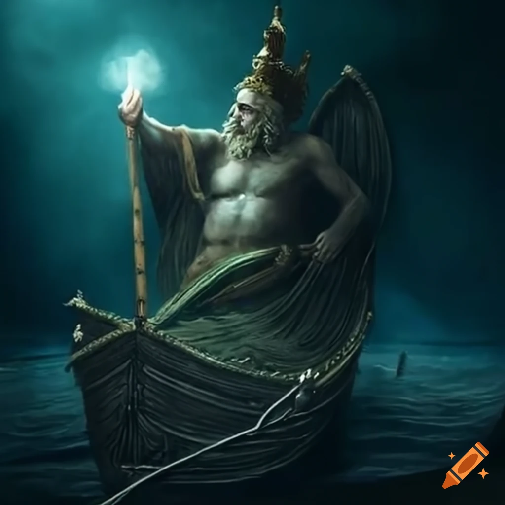 Charon on the boat crossing the River Styx in Greek mythology on Craiyon