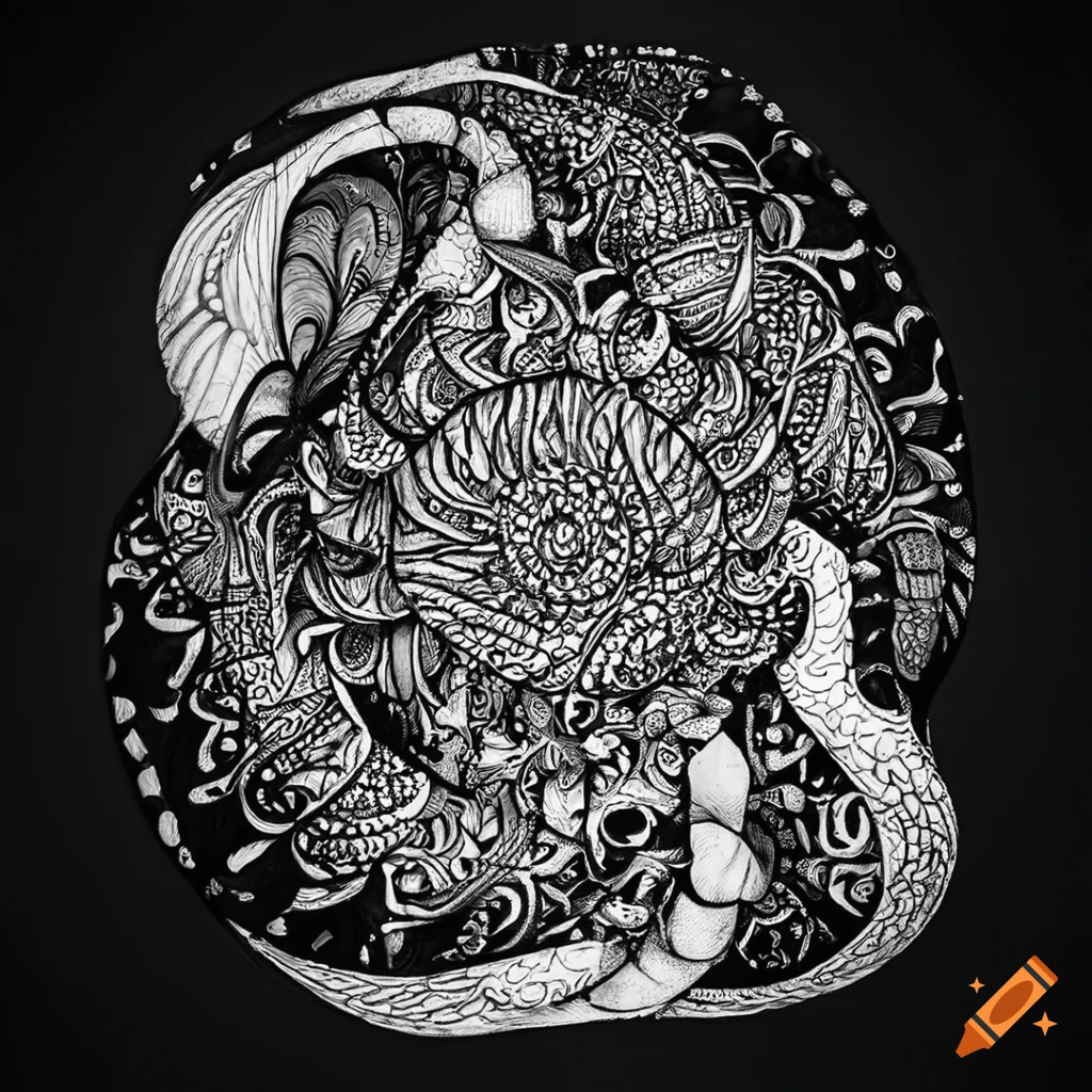 Detailed black and white Tainan cultural Zentangle artwork