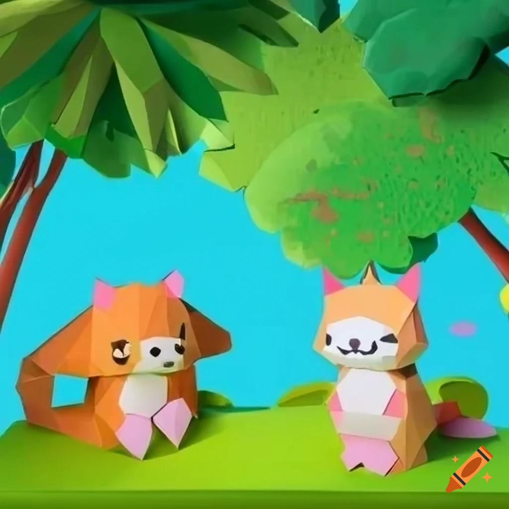 Colorful papercraft scene with cute animals on a lush island