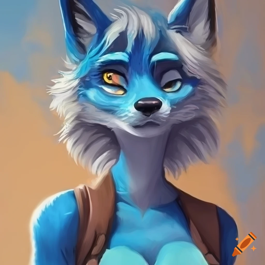 Blue anthro female fox in a detailed oil painting from a low angle