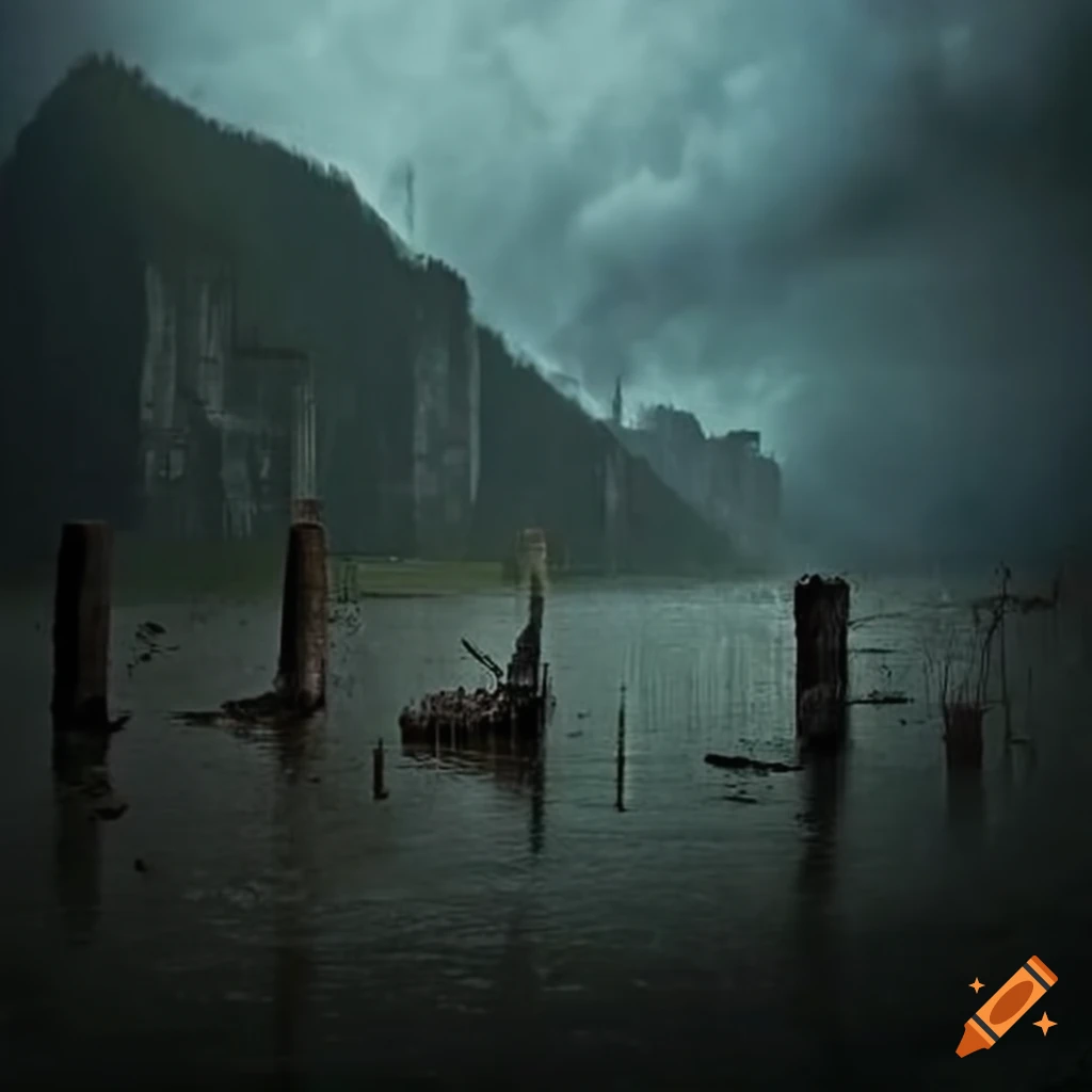 Abandoned South American post-apocalyptic location in rainy weather