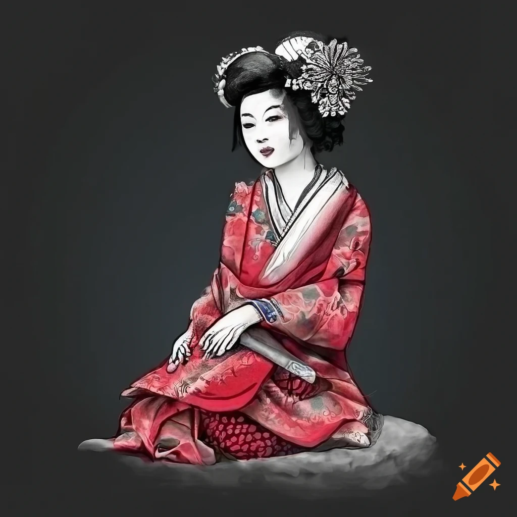 American traditional Asian geisha tattoo in colorful attire sitting on a stone