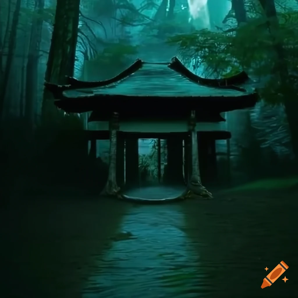 The Forgotten Shrine: A hooded figure at a mystical shrine in the forest under moonlight