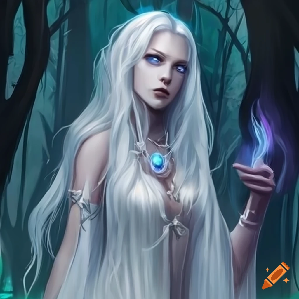 Death Sorcerer with long white hair and blue eyes in an enchanted land