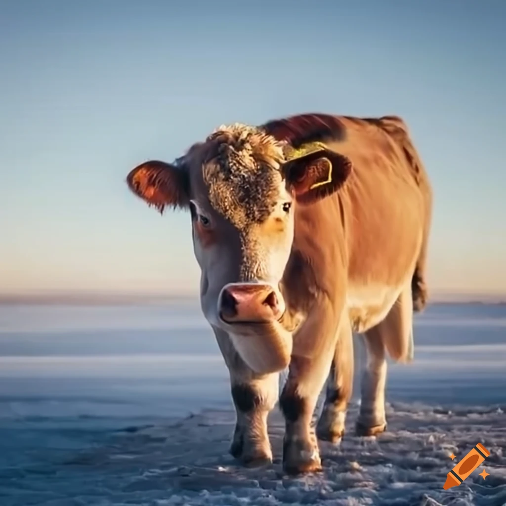 Beautiful cow on an icy field under a clear winter sky