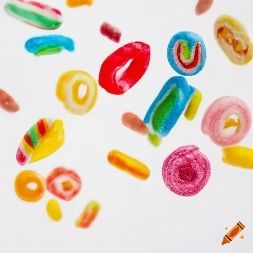 Flying candy and cereal on white background
