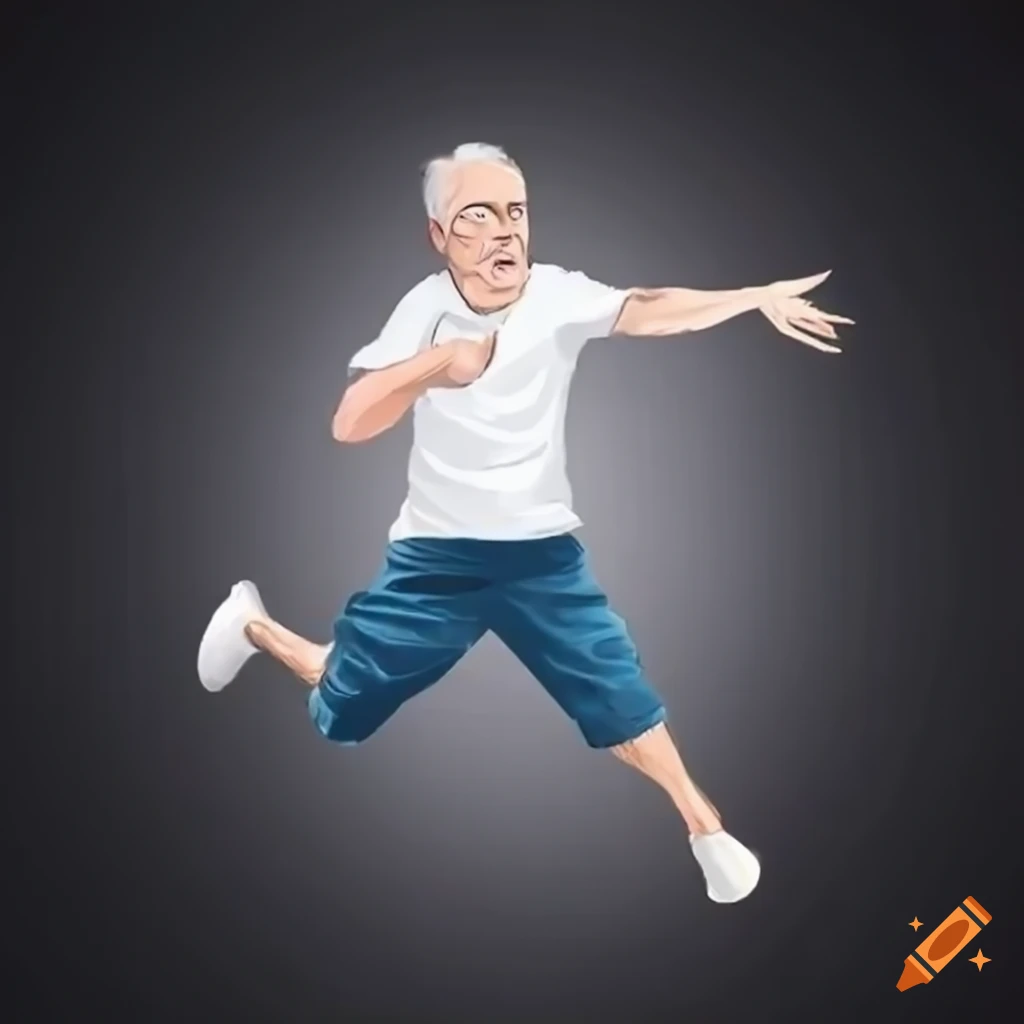 Elderly white male jumping for joy with a beautiful background