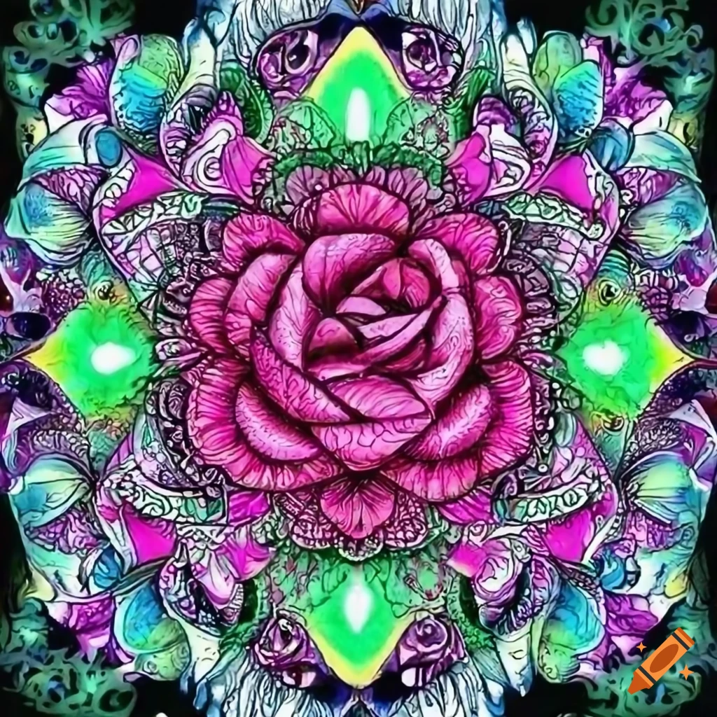 Detailed mandala rose coloring page in black and white