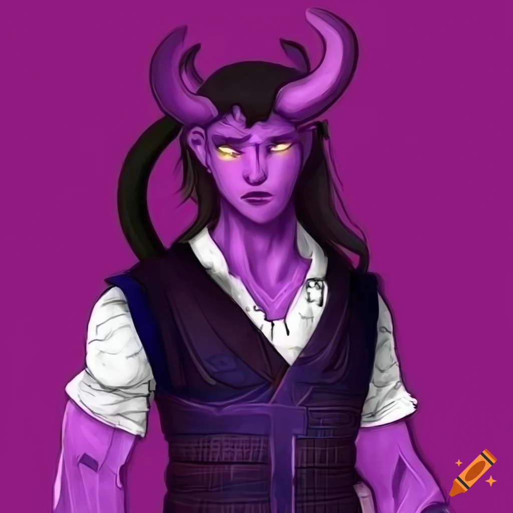 Tiefling male with purple skin in vest and shorts on Craiyon