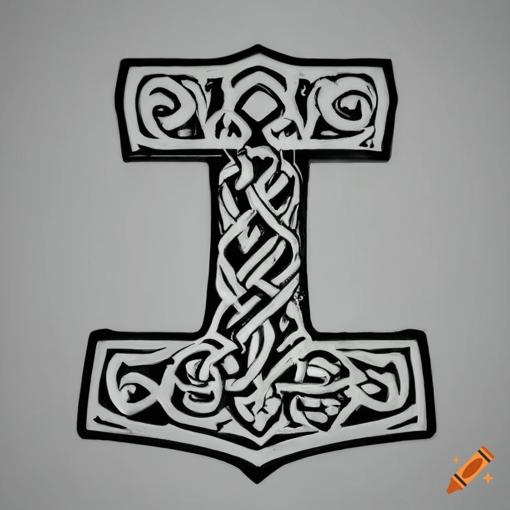 Thor's hammer, Mjolnir in intricate black and white stencil art