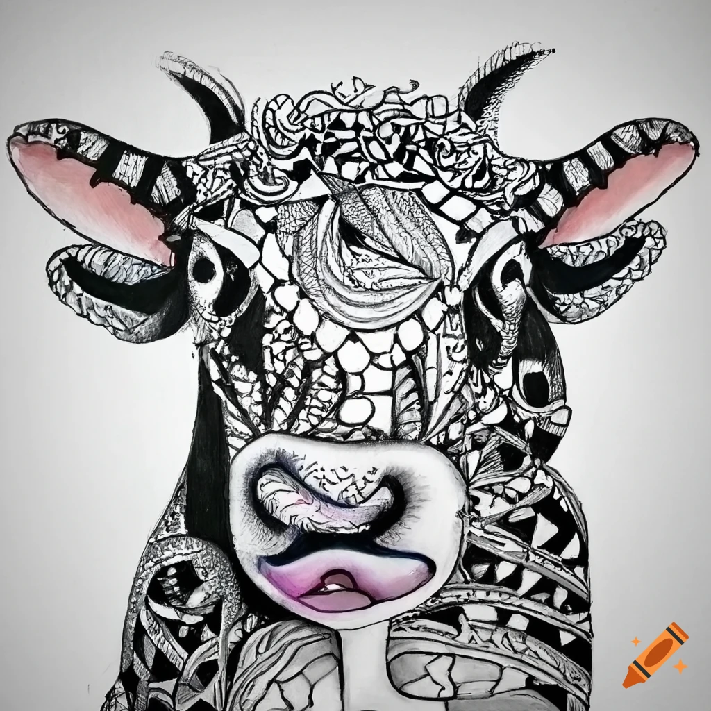 Zentangle black and white painting depicting the artist as a cow in a thoughtful scene