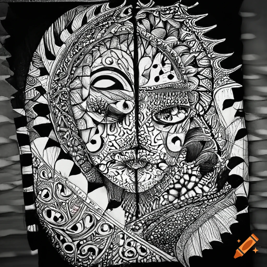 Zentangle artwork illustrating introspection and self-discovery in black and white
