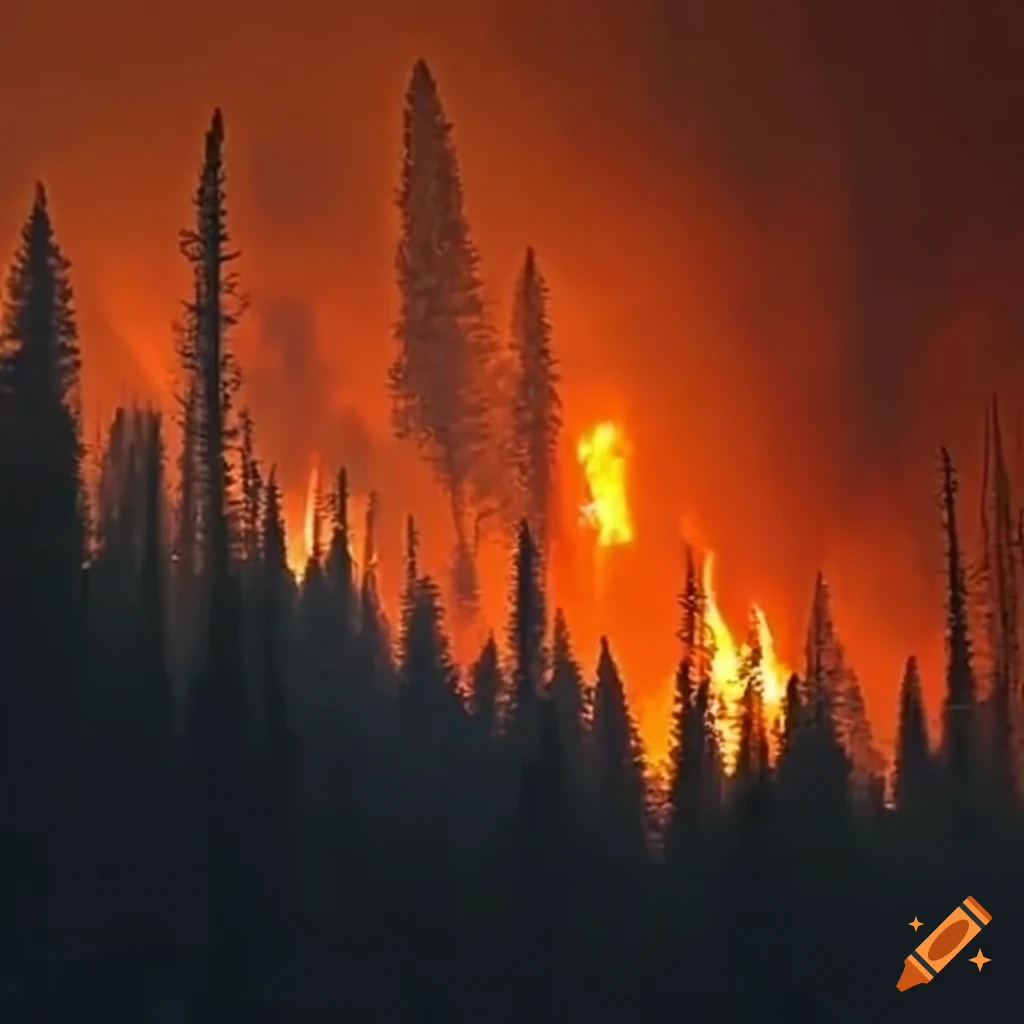 Canadian wildfires, forests engulfed in flames with billowing smoke, firefighters in action