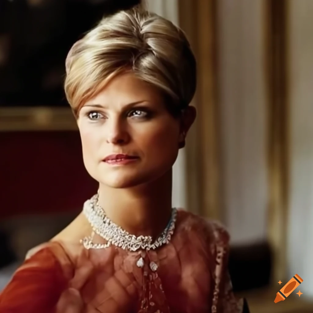 Princess Madeleine in a vintage barber chair with a robe, ready for a new hairstyle