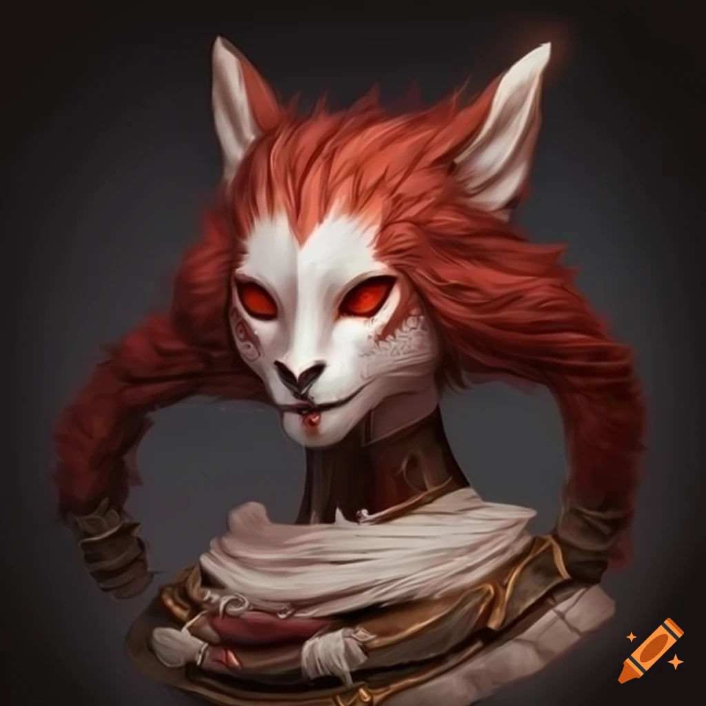 Stunning RPG sorcerer character design featuring a kitsune with air and fire elements