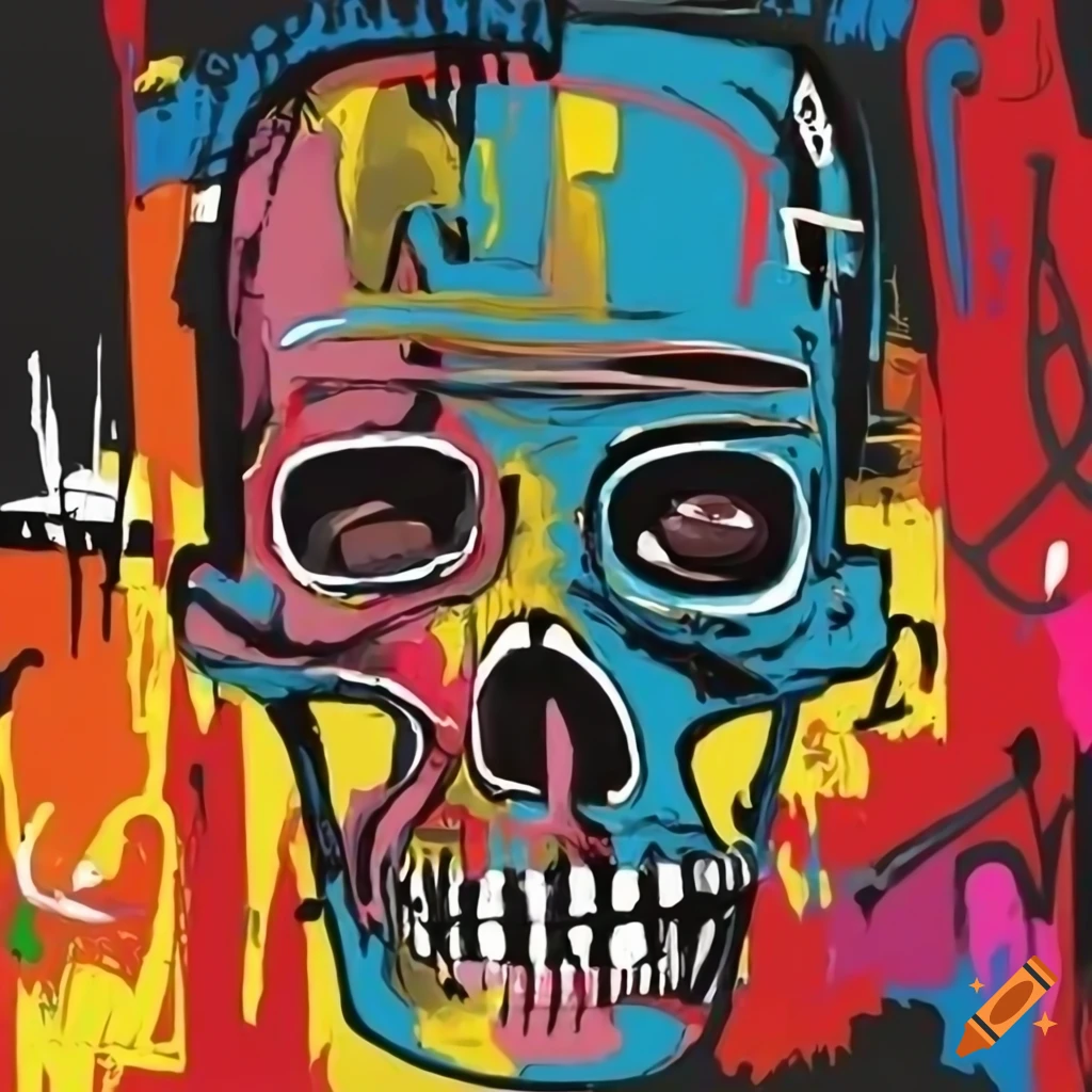 Basquiat-style skull with colorful African mask in street art setting