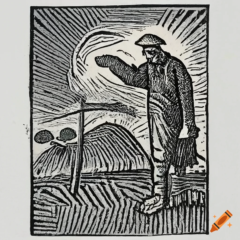 Traditional woodcut print of an elderly farmer