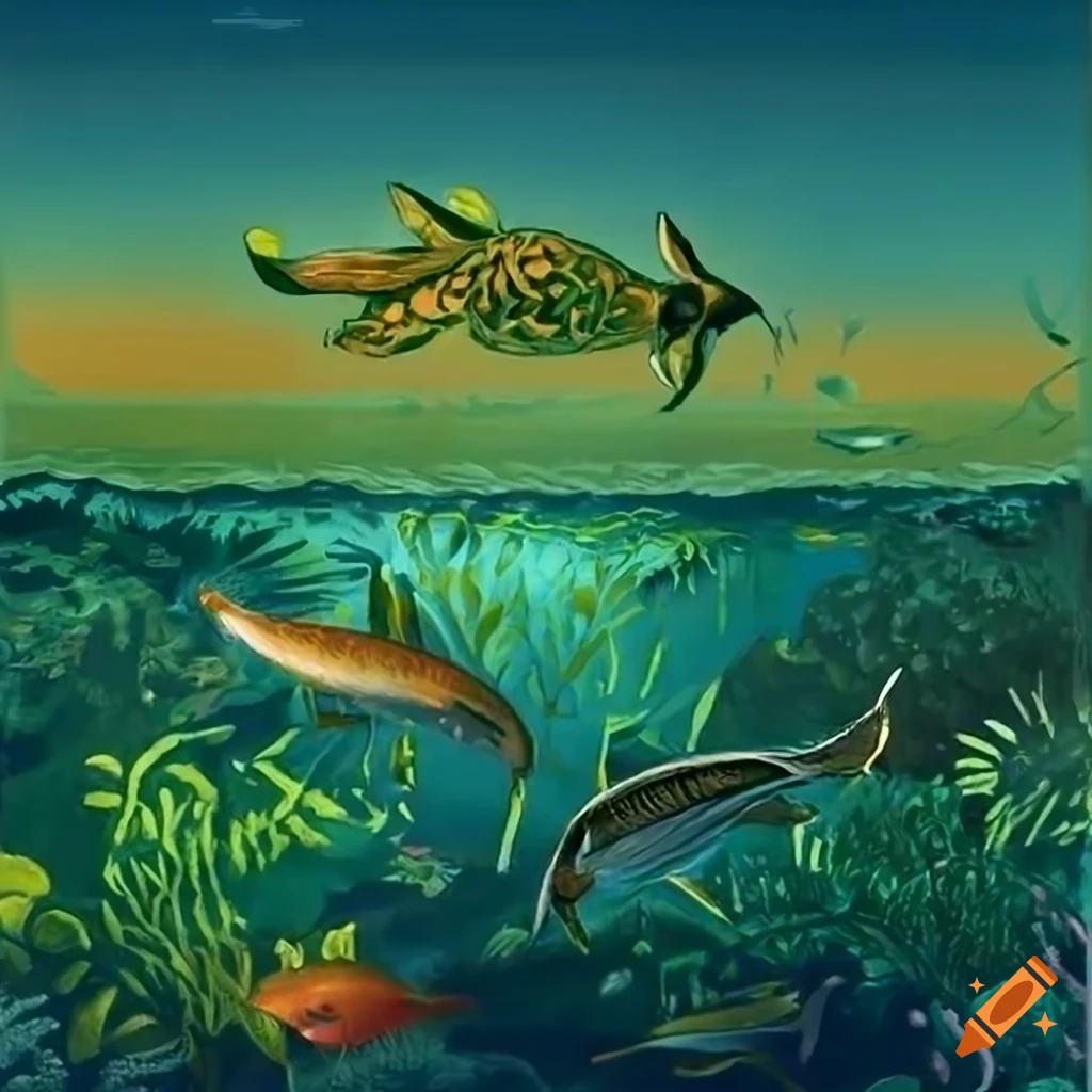 Underwater panorama with waterfowl, fish, and aquatic plants in Celtic and native Salish designs