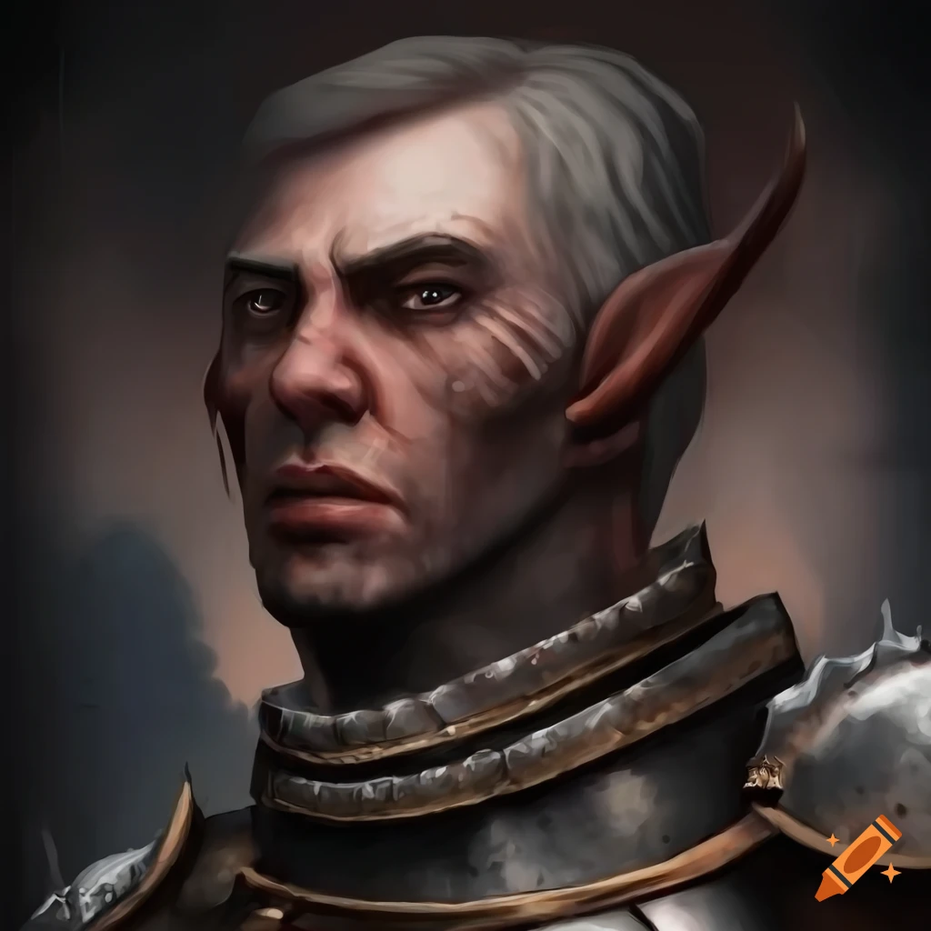 Detailed portrait of a male in heavy armor in a dungeon chamber on Craiyon