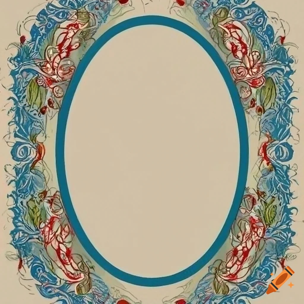 Art nouveau style oval frame with fairies, cakes, and flowers in warm colors