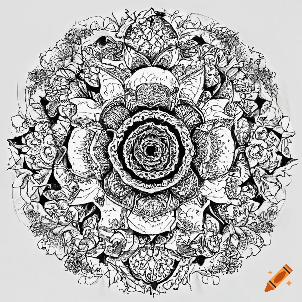 Detailed mandala rose coloring page in black and white