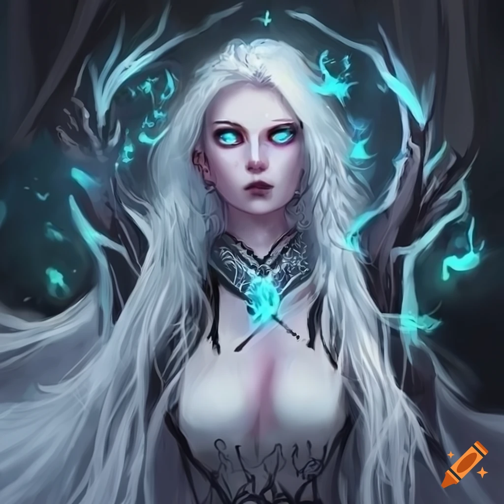 Death Sorcerer with long white hair and blue eyes in an enchanted land