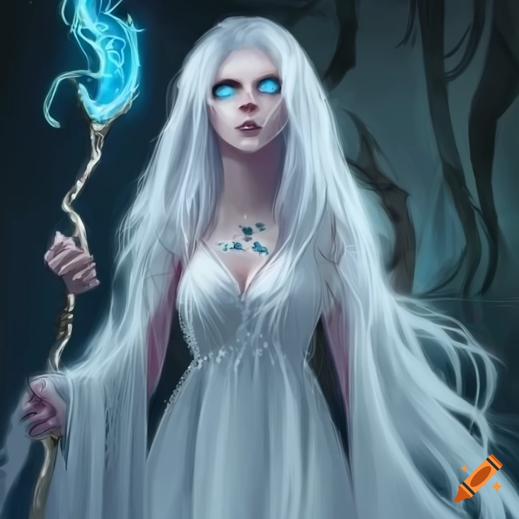 Death Sorcerer with white hair and dress in an enchanted land