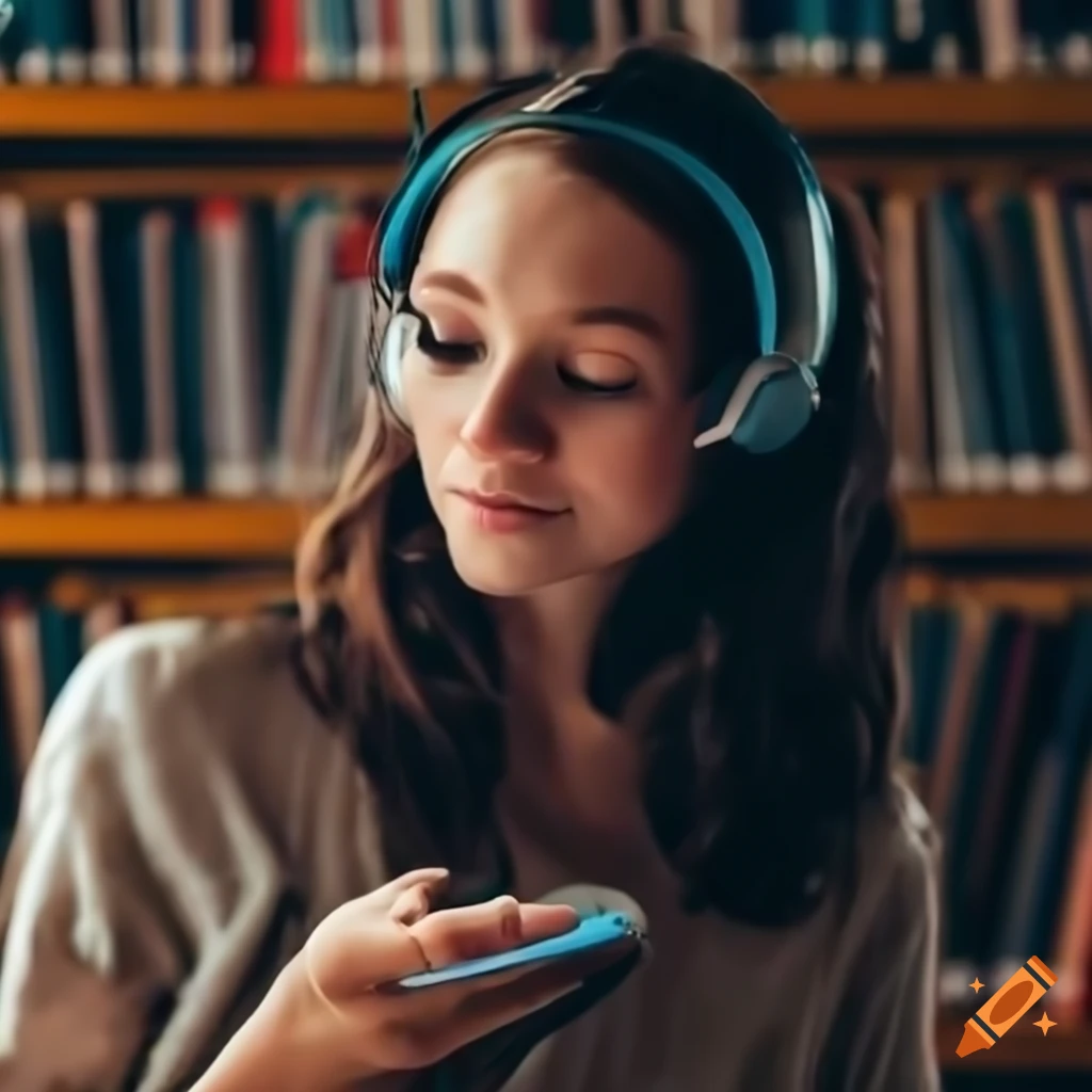 Brown haired girl with headphones at a library