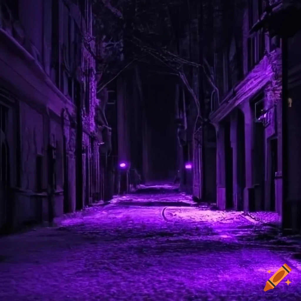Cold and windy street at night with a creepy purple atmosphere