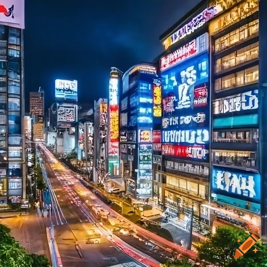 Japanese Time Square with luminous neon signs at night