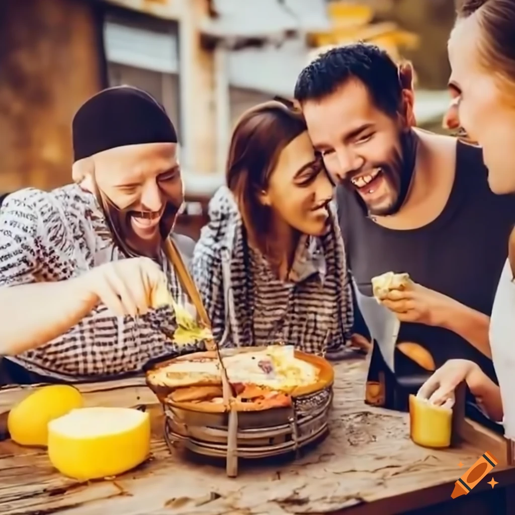 Friends enjoying raclette grill with cheese and pickles