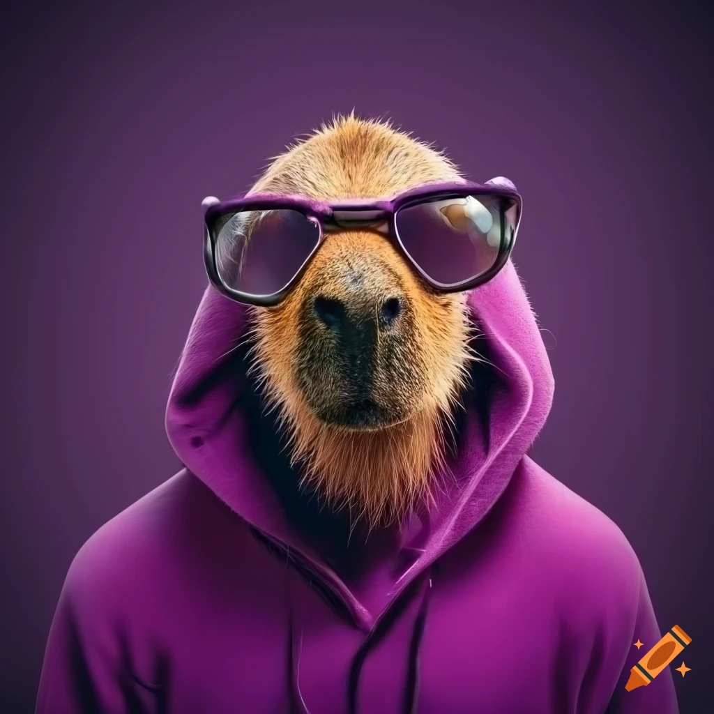 Capybara wearing sunglasses and hoodie on purple background