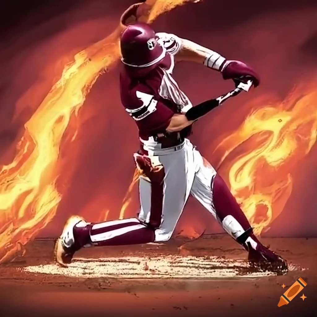 Texas a&m baseball player hitting a flaming baseball with dirt spraying