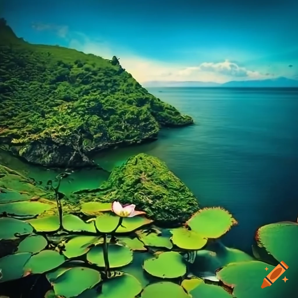 Lotus-covered hillside on an island in a postcard image