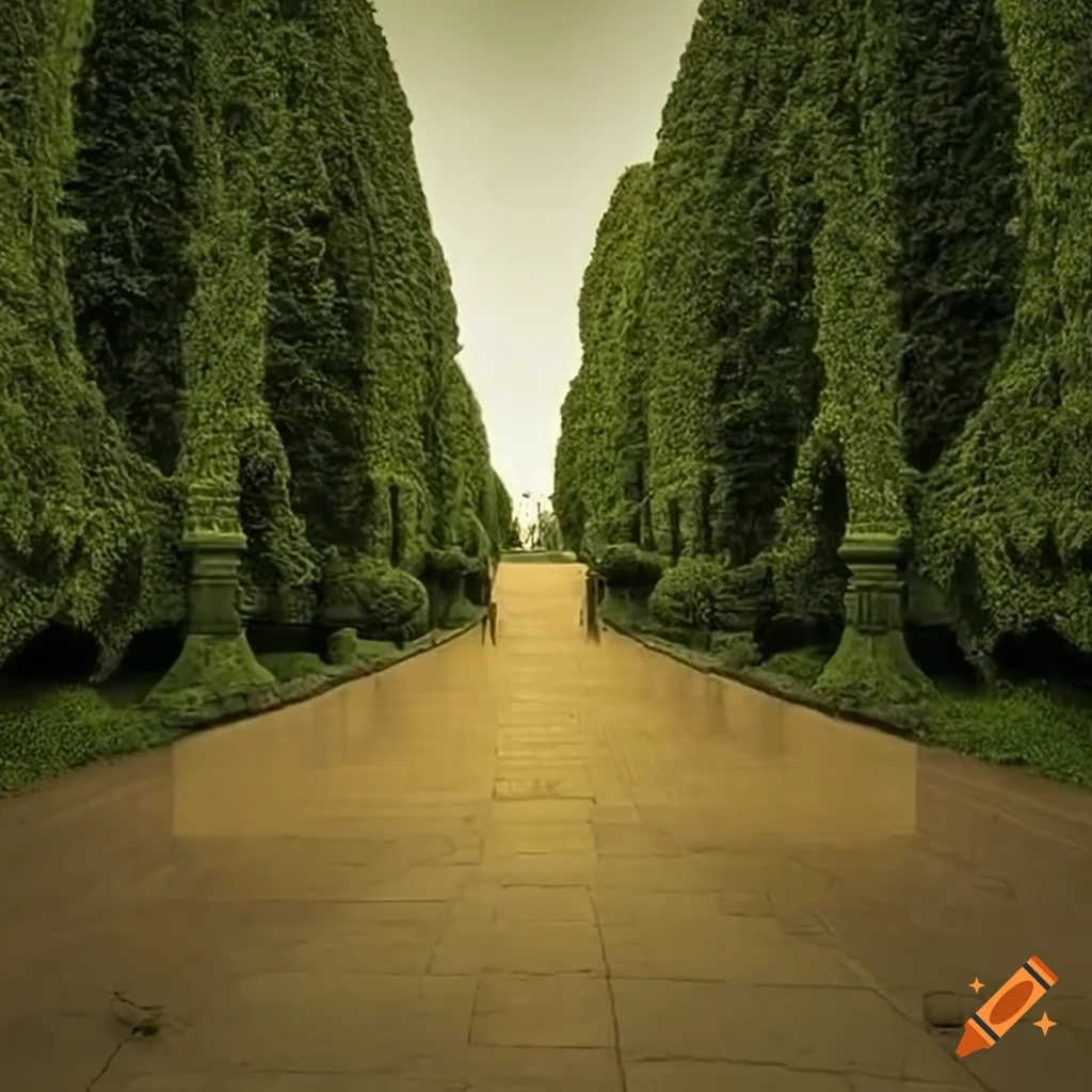 Grandiose classical stone monument in symmetrical tree alley on Craiyon
