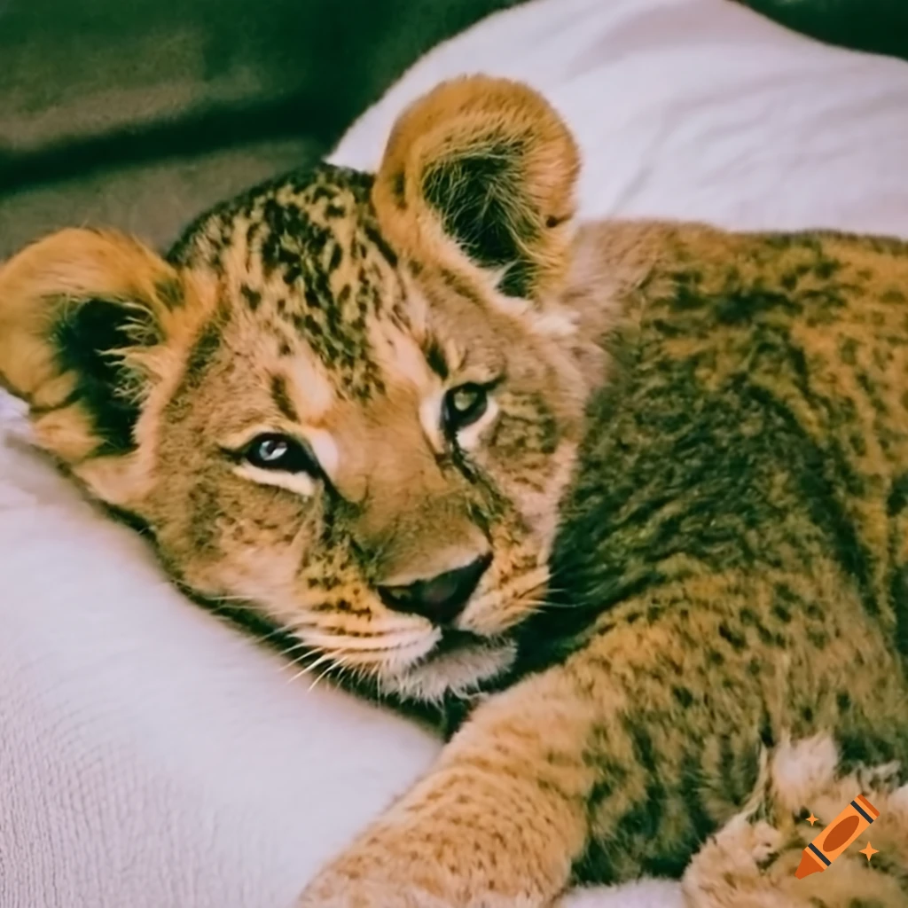 Sleeping lion cub on a sofa in close-up aesthetic photography