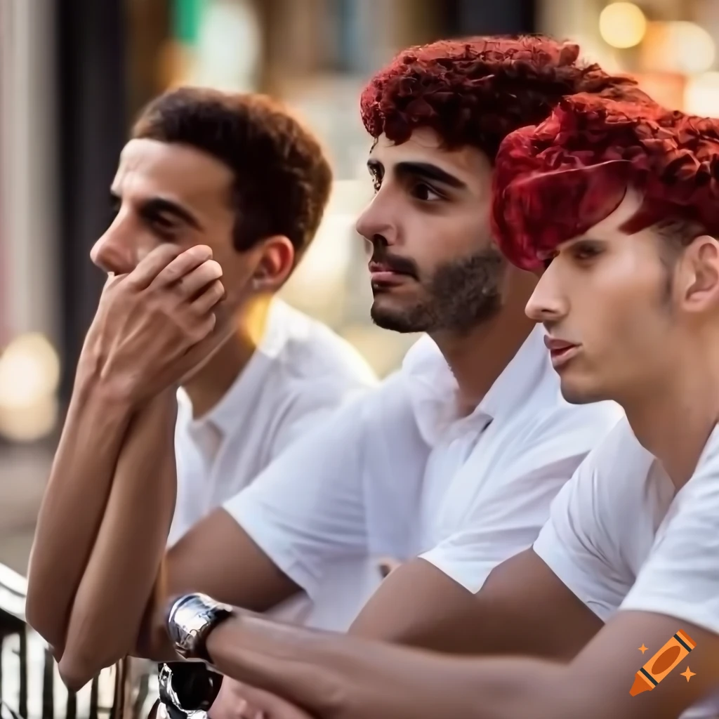 Group of men with maroon hair at an outdoor cafe on a sunny street