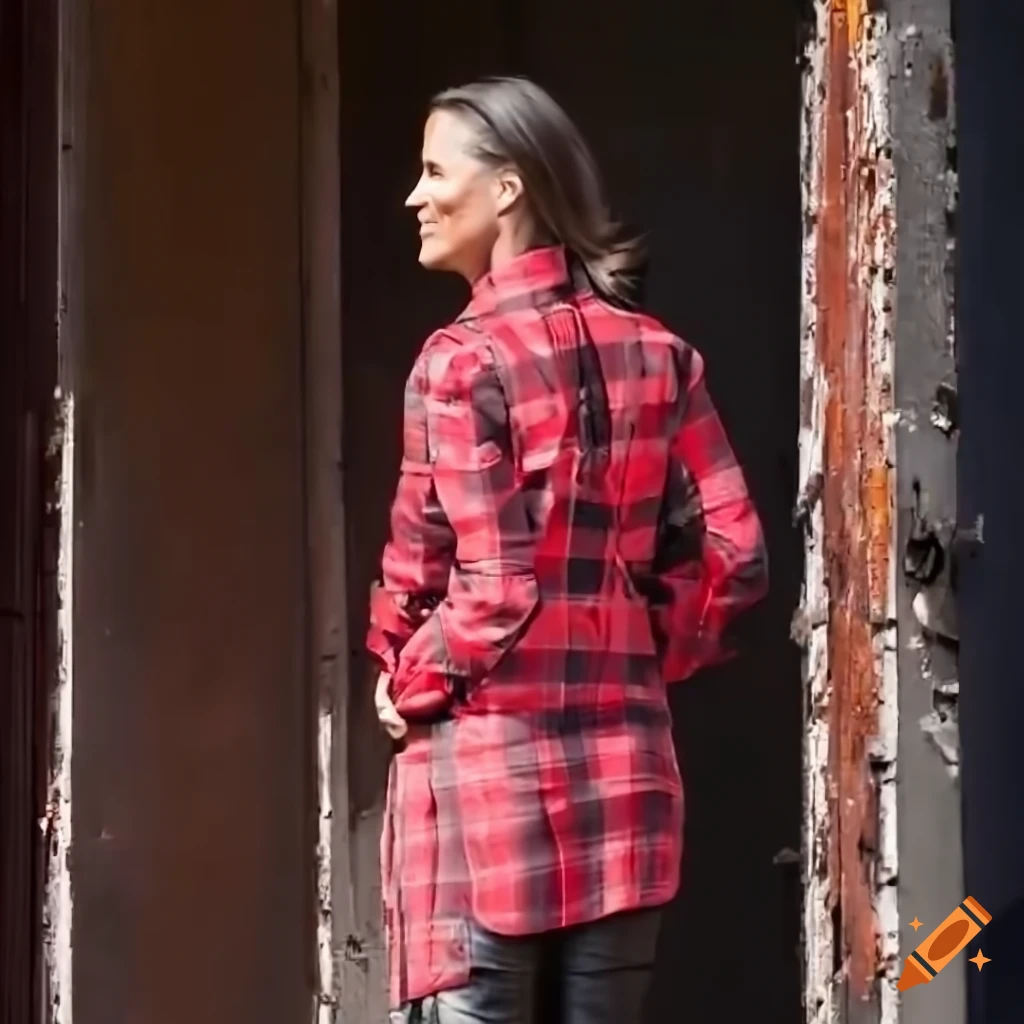 Young woman in red plaid shirt and black leather trousers peeking through a derelict building door