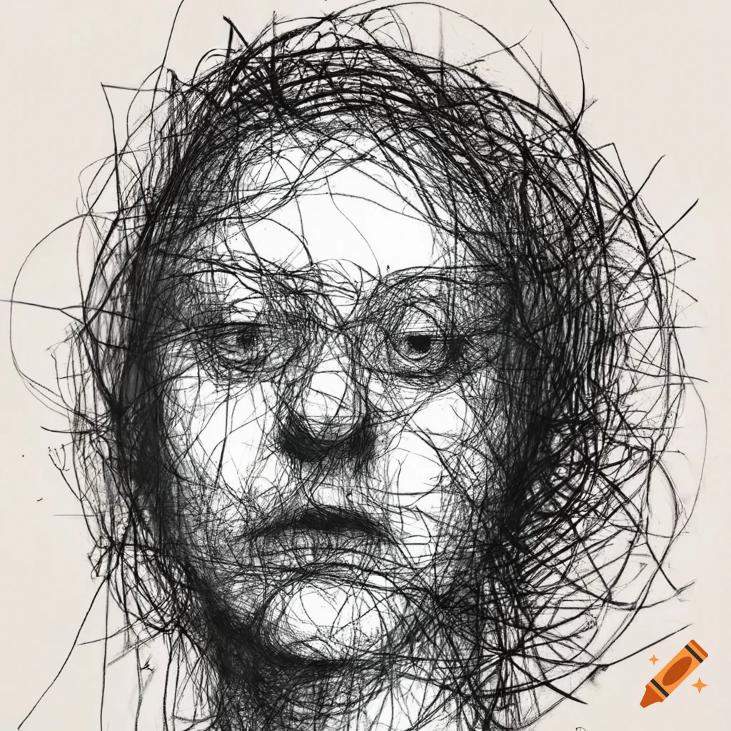 Portrait styled like Adam Riches' scribble portraits with an intaglio drypoint etching effect