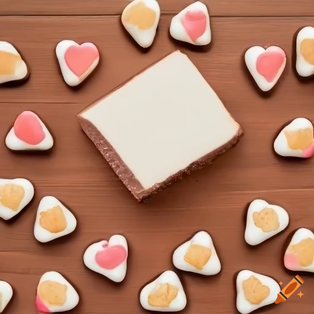 Square creamy cake with chocolate fillings, surrounded by heart-shaped chocolates on a wooden table