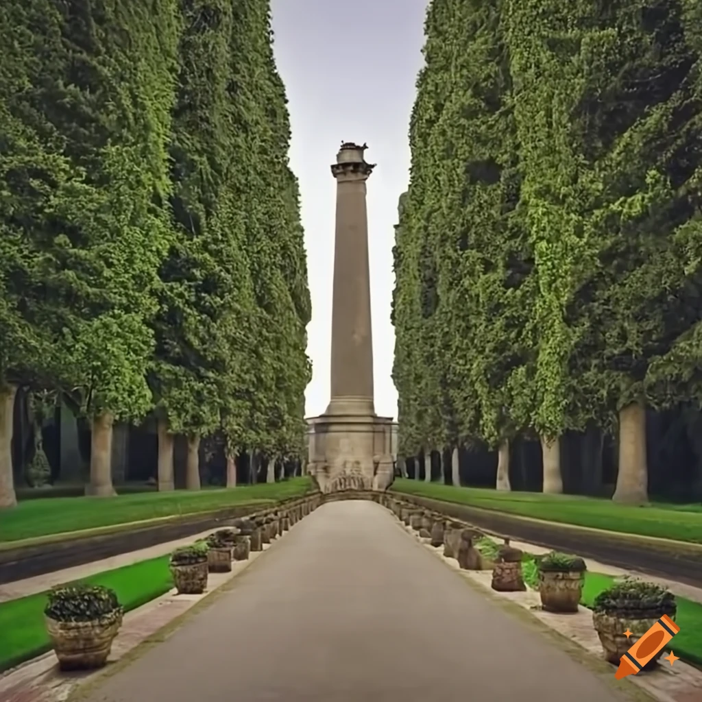 Grandiose Classical stone monument in symmetrical tree alley
