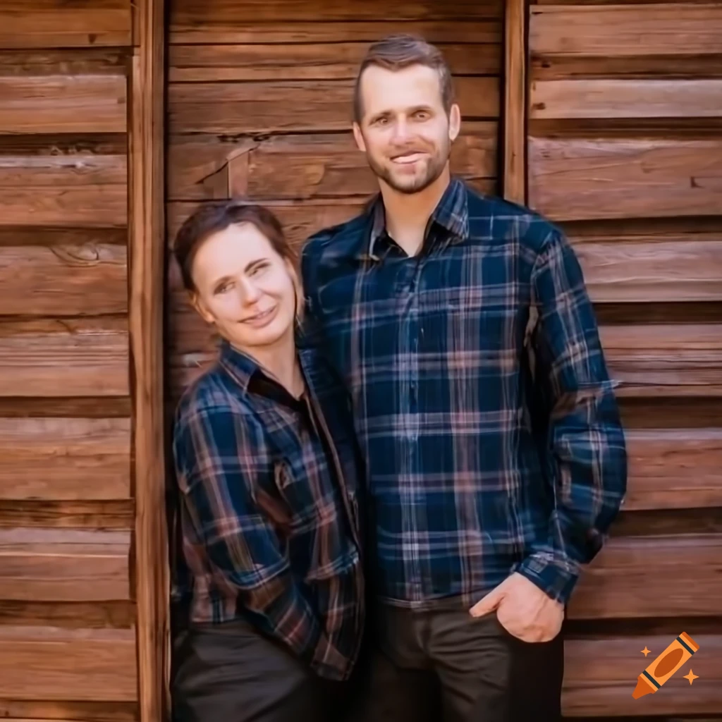 English couple in country attire peeping through barn door